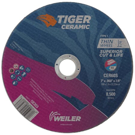 Weiler 7" x .060" TIGER CERAMIC Type 1 Cut-Off WheelCER60S 7/8 A.H. 58303